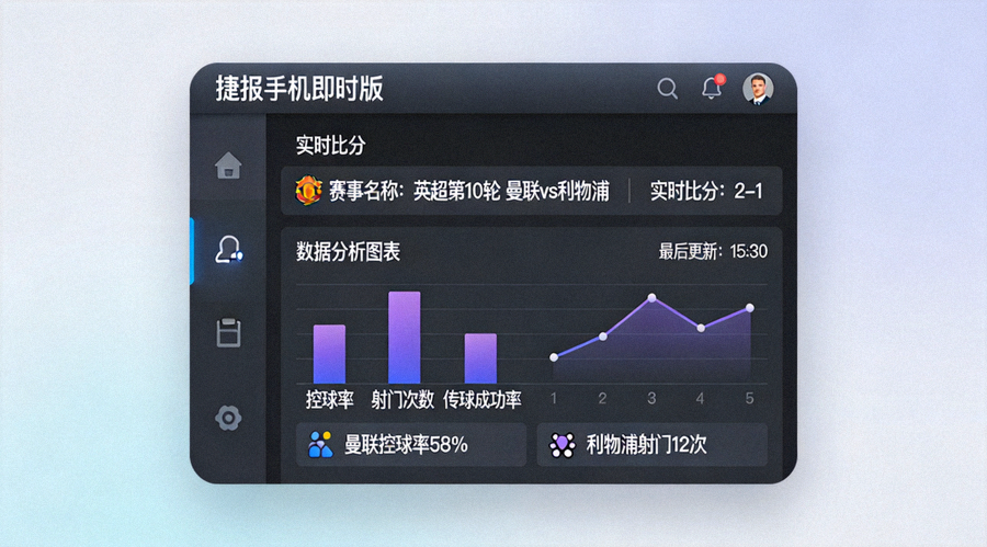 捷报手机即时版旧版实时数据统计界面展示，展示比分和数据分析图表